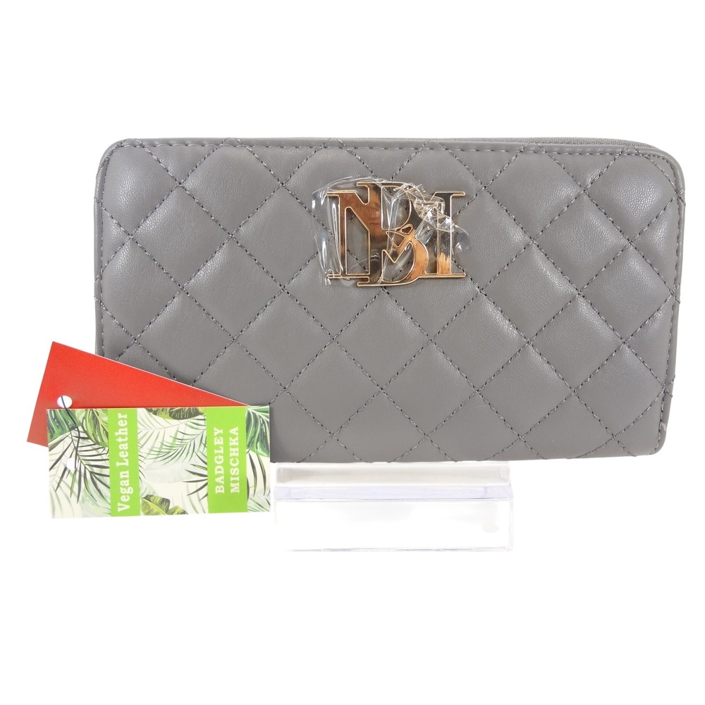Badgley Mischka Diamond Quilted Long Zip-Around Wallet Grey NEW Vegan Leather